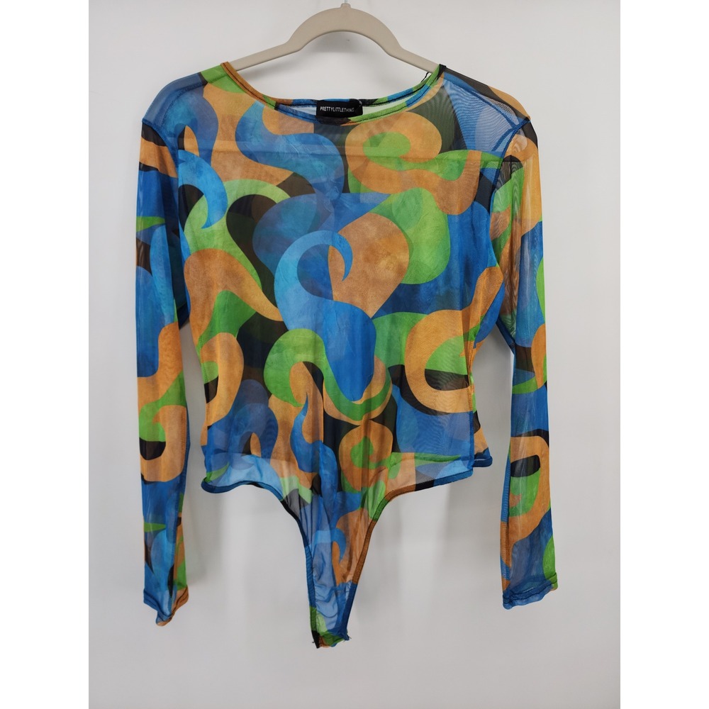 PrettyLittleThing Womens Blue Green Orange Abstract Mesh Long Sleeve Bodysuit - Picture 6 of 9